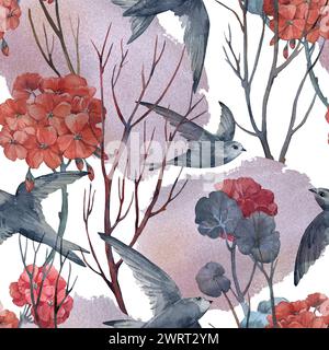 Branches d'arbre d'oiseaux Swifts et fleurs de géranium rouge motif aquarelle sans couture. Art dessiné à la main Banque D'Images