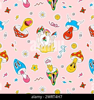Motif de personnage de champignons groovy psychédéliques dans un style de bande dessinée. Impression drôle de papier peint de dessin de caractère, fond d'art graphique des années 90. Vecteur Illustration de Vecteur