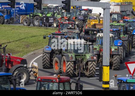 Gand, Belgique. 14 mars 2024. Des tracteurs sont vus à la « Turborotonde » lors d'une manifestation d'agriculteurs bloquant l'entrée des camions au port de Gand, le jeudi 14 mars 2024. Deux associations indépendantes de jeunes agriculteurs continuent de protester contre les règles strictes en matière d'azote pour les agriculteurs. En bloquant les ports, les agriculteurs veulent souligner que c’est principalement l’industrie qui émet de l’azote, et non l’agriculture. BELGA PHOTO NICOLAS MAETERLINCK crédit : Belga News Agency/Alamy Live News Banque D'Images