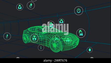 Image de plusieurs icônes numériques sur un modèle de voiture 3D se déplaçant en continu dans un tunnel Banque D'Images