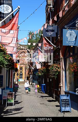 Les gens marchent le long de Gandy Street bordée de boutiques et de restaurants avec une partie du musée Royal Albert Memorial et de la galerie d'art à l'arrière, Exeter. Banque D'Images