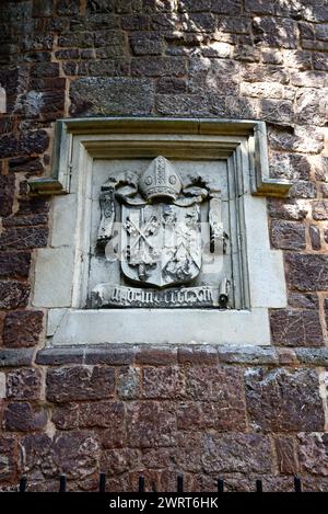 Côte d'armes sur le mur de la ville romaine le long de Little Southernhay Lane, Exeter, Devon, Royaume-Uni, Europe. Banque D'Images