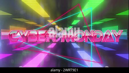 Image d'un texte cyber monday sur des triangles au-dessus d'un tunnel futuriste sur fond noir Banque D'Images