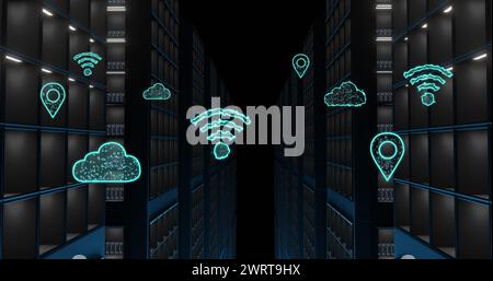 Image des icônes cloud et wifi, traitement de données sur des serveurs informatiques Banque D'Images