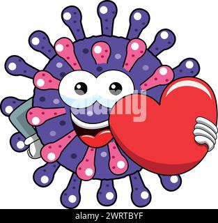 Illustration vectorielle isolée du virus de caractère de mascotte de dessin animé ou de la bactérie Heart Love message Illustration de Vecteur