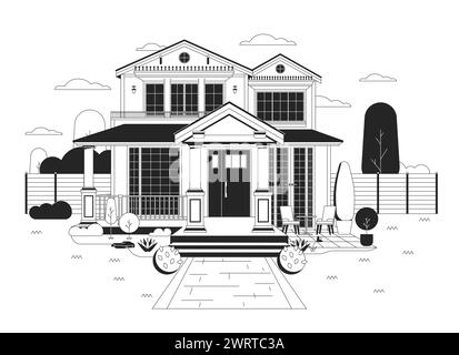 Suburban maison avant cour noire et blanche illustration plate de bande dessinée Illustration de Vecteur