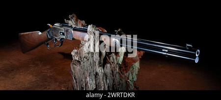 Rétro-éclairage orange sur un fusil à levier de style West ancien avec une crosse en bois et du métal bleui sur une bûche morte. Banque D'Images