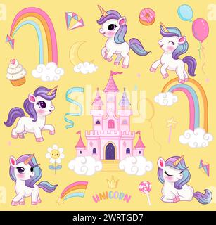 Jeu de licornes vectorielles. Grande collection pour Unicorn Party avec des personnages de conte de fées, château sur nuage, arc-en-ciel, étoiles tombantes, cristaux, bonbons. Fantaisie WO Illustration de Vecteur