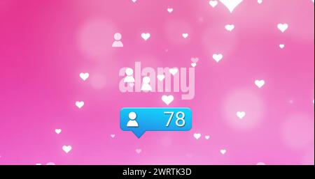 Image de l'icône de profil avec des nombres croissants sur plusieurs icônes de coeur sur fond rose Banque D'Images