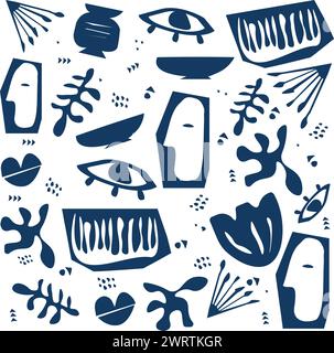 Illustration vectorielle à la mode. Ensemble de différentes formes et objets floraux peints à la main contemporains en bleu sur fond blanc. Style artistique dessiné. Illustration de Vecteur