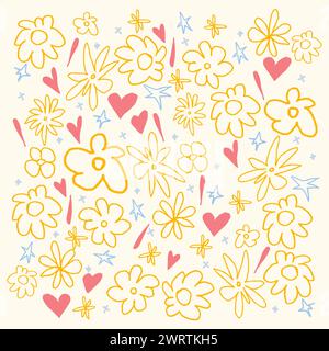 Illustration vectorielle. Modèle simple minimaliste sans couture de fleurs et de coeurs dans le style dessiné doodle art. Conception graphique pour papier, impression textile Illustration de Vecteur