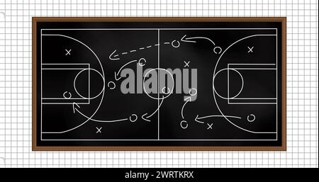 Image de stratégie de jeu de football dessinée sur un tableau noir sur fond de papier ligné carré Banque D'Images
