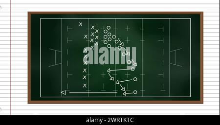 Image de stratégie de jeu de football dessinée sur un tableau noir vert sur fond de papier ligné blanc Banque D'Images