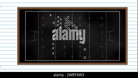 Image de stratégie de jeu de football dessinée sur un tableau noir sur fond de papier ligné blanc Banque D'Images