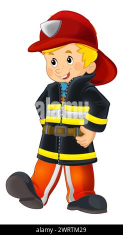 dessin animé pompier heureux et drôle avec extincteur éteignant l'illustration isolée du feu pour les enfants Banque D'Images