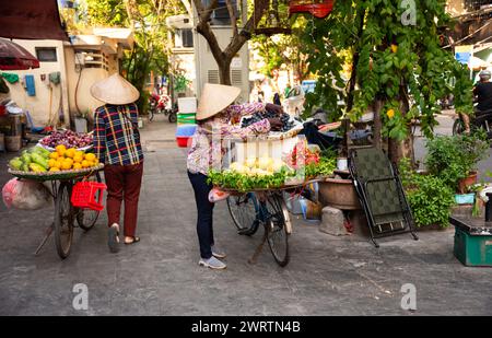 Femme avec chapeau vietnamien traditionnel vendant des fruits de vélo dans les rues de Hanoi, Banque D'Images