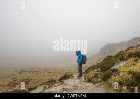 Vue de côté d'un homme regardant dans le brouillard sur une montagne sous la pluie, il est vêtu d'imperméables et portant un grand sac à dos sur son dos. Banque D'Images
