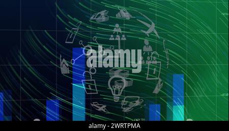 Globe d'icônes numériques tournant et traînées de lumière sur le traitement des données statistiques et la carte du monde Banque D'Images