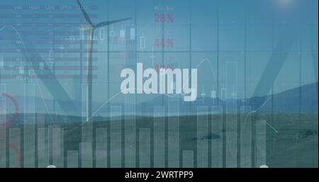 Image de graphiques, graphiques avec traitement de données sur interface numérique contre éolienne Banque D'Images