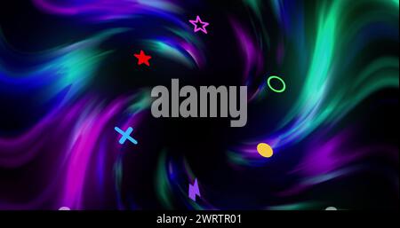 Image de formes colorées sur des traînées de lumière sur fond noir Banque D'Images