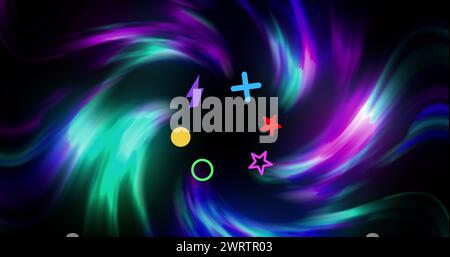 Image de formes colorées sur des traînées de lumière sur fond noir Banque D'Images