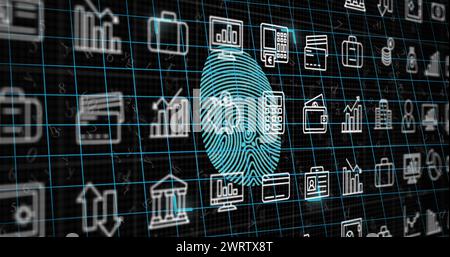 Image des icônes sur l'icône d'empreinte digitale sur fond noir Banque D'Images