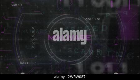 Image de texte de logiciel malveillant en cercle avec des codes binaires, texture de carte de circuit imprimé sur fond noir Banque D'Images