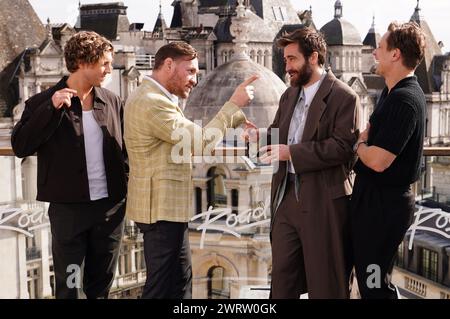 (De gauche à droite) Lukas Gage, Conor McGregor, Jake Gyllenhaal et Billy Magnussen lors d'un photocall pour Road House, à l'hôtel Corinthia, Londres. Date de la photo : jeudi 14 mars 2024. Banque D'Images