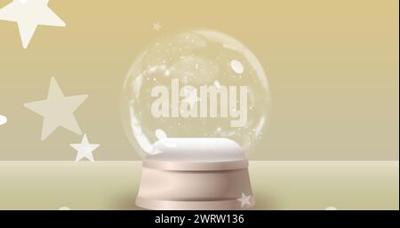 Image de taches lumineuses et étoiles sur boule de neige avec arbre de noël Banque D'Images