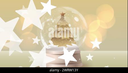 Image de taches lumineuses et étoiles sur boule de neige avec arbre de noël Banque D'Images