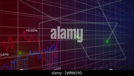 Image d'un motif de grille sur des lignes mobiles et plusieurs graphiques avec des nombres sur fond noir Banque D'Images