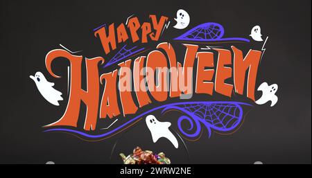 Image de texte Happy halloween avec des fantômes sur seau de citrouille orange avec des bonbons Banque D'Images