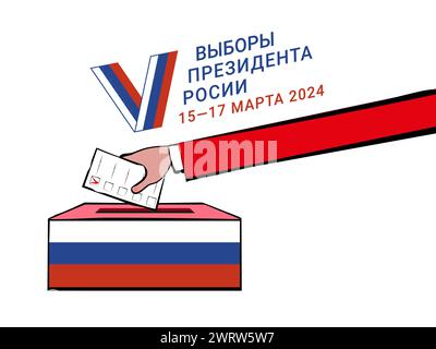 Élections présidentielles de Moscou en Russie en 2024, une urne, une main tient un bulletin de vote qui représente les attributs et les symboles de la joie de l'État en Ru Illustration de Vecteur