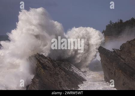 Des vagues géantes s'écrasant contre les rochers à Shore acres, Oregon créant un paysage spectaculaire spécialement pendant les mois d'hiver lorsque les tempêtes se déplacent Banque D'Images