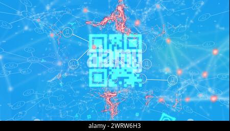 Image du réseau de connexions et code qr sur fond bleu Banque D'Images