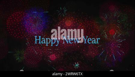 Image du texte de bonne année au-dessus des feux d'artifice sur fond noir Banque D'Images