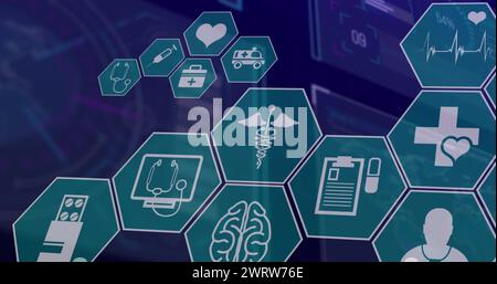 Image d'icônes médicales sur le traitement des données sur fond noir Banque D'Images