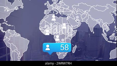 Image d'icônes de médias sociaux avec un nombre croissant et une carte du monde au-dessus du paysage urbain Banque D'Images