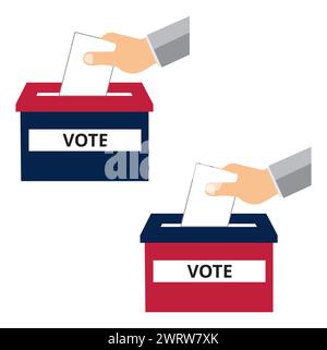 Un vote manuel avec un morceau de papier dans une boîte de vote rouge et bleue Illustration de Vecteur