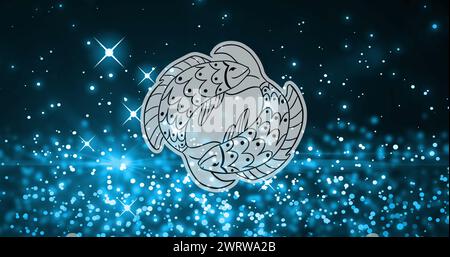 Image de poissons jumeaux de pisces signe du zodiaque sur des particules bleues incandescentes et en mouvement et des étoiles Banque D'Images