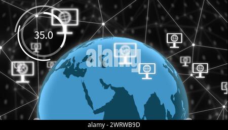 Image du réseau de connexions et des icônes numériques sur le globe sur fond noir Banque D'Images