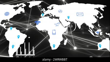 Image du réseau de connexions et des icônes numériques sur la carte du monde sur fond noir Banque D'Images