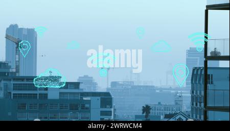 Image des icônes Cloud et wifi avec traitement des données sur Cityscape Banque D'Images