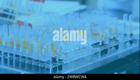 Image de formule et de données flottant sur une vue en coupe médiane d'un travailleur de laboratoire pendant la recherche Banque D'Images