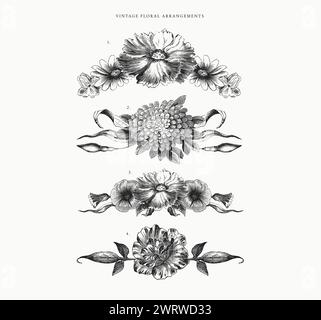 Un ensemble de 4 éléments de conception florale construits à l'aide de diverses têtes de fleurs et feuilles trouvées dans un livre antique des années 1800 Illustration de Vecteur