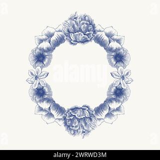 Vintage Floral Wreath Line Art illustration - Un cadre circulaire de fleurs Illustration de Vecteur