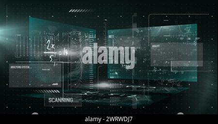 Image du traitement des données avec équations mathématiques sur fond noir Banque D'Images