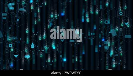 Image des icônes médicales et du traitement des données sur fond noir Banque D'Images