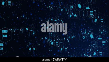 Image des icônes médicales et du traitement des données sur fond noir Banque D'Images