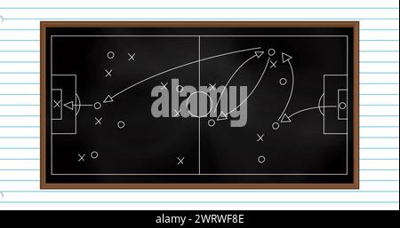 Image de stratégie de jeu de football dessinée sur un tableau noir sur fond de papier ligné blanc Banque D'Images